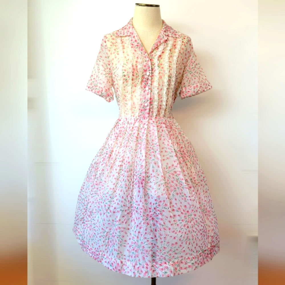 50s Custom Sheer Floral Pink Dress